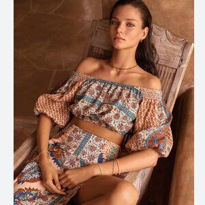 NWT Boteh Clementine Crop Top Shirt Womens 0 XS Orange Blue Floral Linen NEW